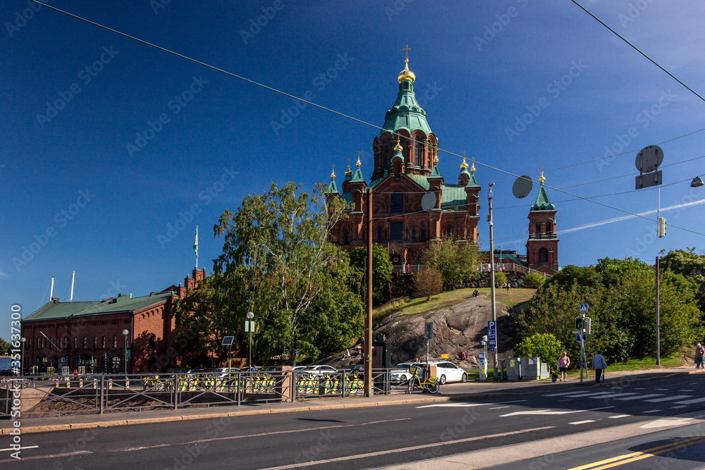 Helsinki, Finland - September 02, 2019: Assumption Cathedral on a hill in the city center.