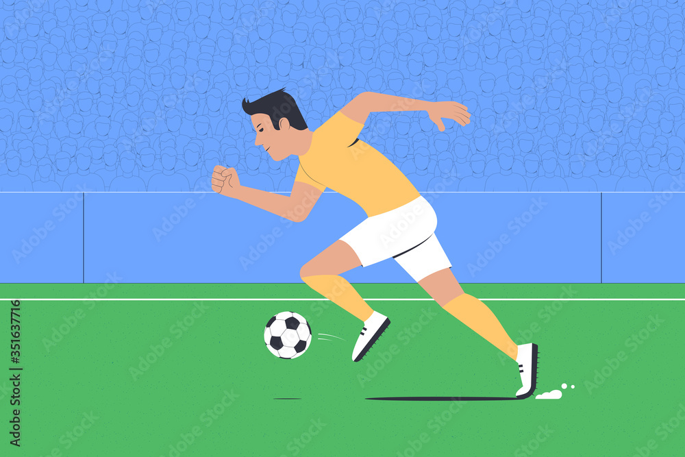 Football player dribbles. Football match at the stadium. Vector illustration