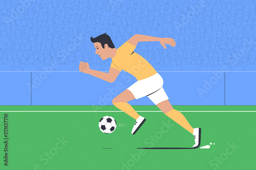 Football player dribbles. Football match at the stadium. Vector illustration
