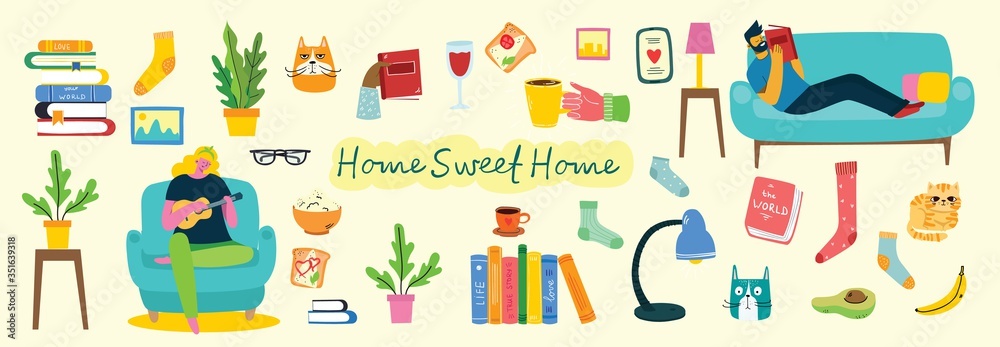 Big set of books and reading accessories, man and girl reading books indoor in cozy room. Coffee, glasses, home plant and hands holding book. Set of decorative vector design elements.