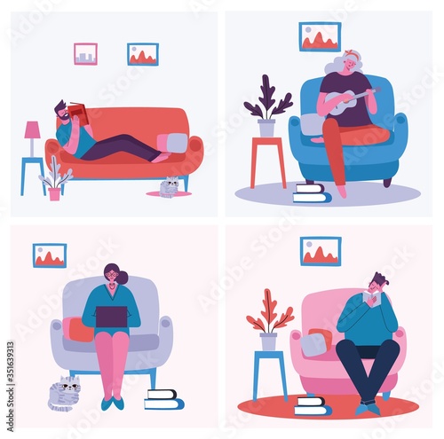 Stay and work at home. People staying at home for prevent virus Covid19 in the flat style