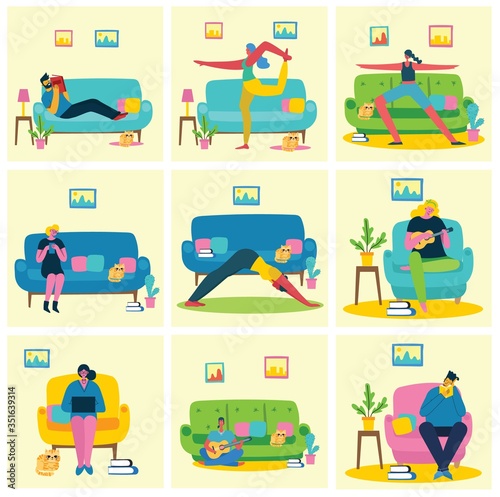 Stay at home. The girls staying at home and doing different activities for prevent virus Covid19 in the flat style