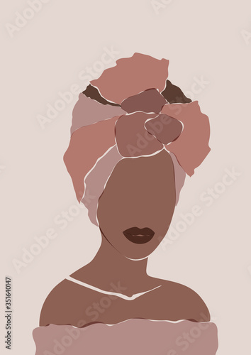 Abstract African woman portrait in minimalistic style. Black women print. Female wall art poster. African model girl of turban head wrap. Tribal beauty lady art. Elegant ethnic sketch template.
