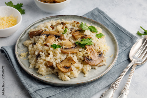 A dish of Italian cuisine - risotto from rice and mushrooms.