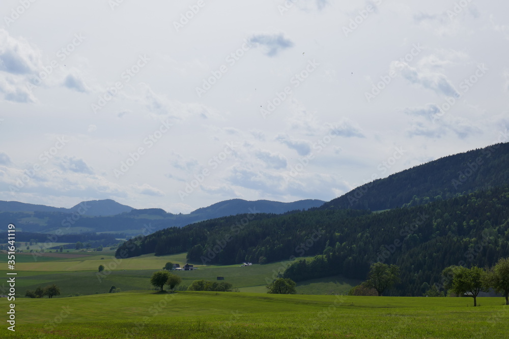 Beautiful landscape, mountains, fields and forest in Austria.