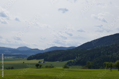 Beautiful landscape, mountains, fields and forest in Austria.