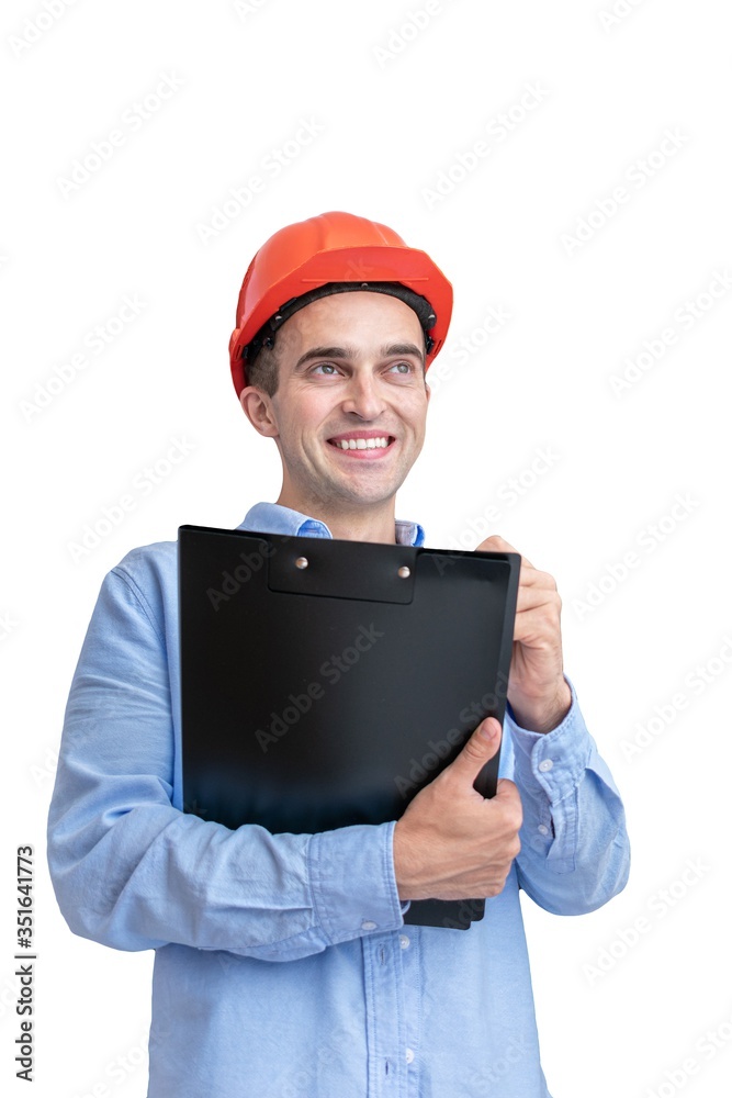 Happy builder in hardhat, man smiling and holding a notepad, takes notes, isolated background, vertical Happy builder in hardhat, man smiling and holding a notepad, takes notes, isolated background, vertical