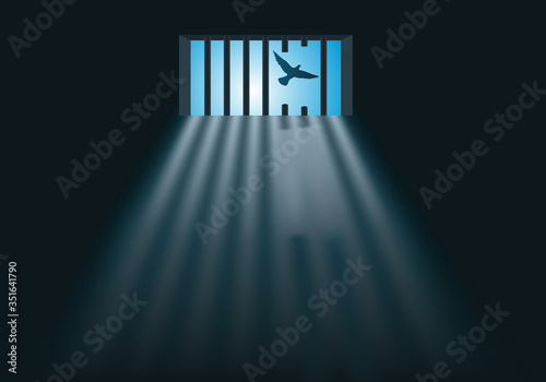 Concept de l’évasion d’une prison avec un prisonnier qui c’est échappé de sa cellule et sciant les barreaux de sa fenêtre avant de s’envoler comme un oiseau.