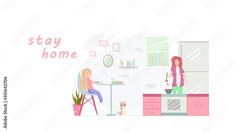 Mother and kid cooking in the kitchen room with pet, learning and development at home, people leisure activities skill in quarantine, family cartoon character flat design vector illustration