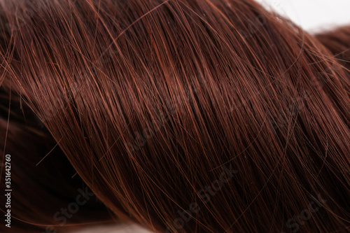 Strand of curly hair, brown hair, closeup, white background