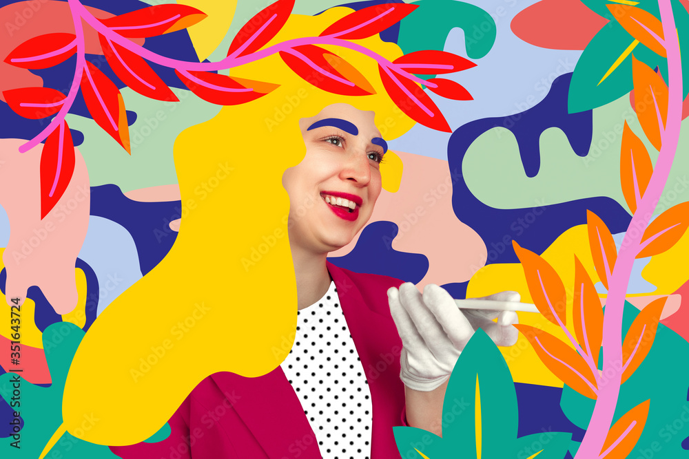 Portrait of a young woman with freaky appearance, look and bright colorful painted design. Retro and magazine style, modern vision of females beauty and fashion, artwork. Copyspace. Yellow blonde.