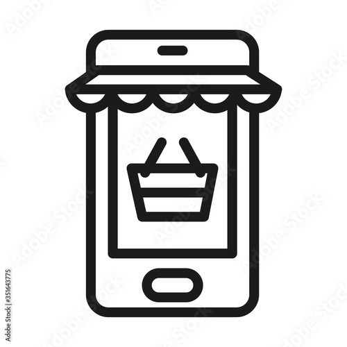SEO and marketing online concept, smartphone with shopping icon on screen, line style