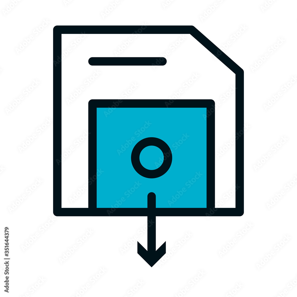 diskette with download arrow icon, half color half line style diskette with download arrow icon, half color half line style