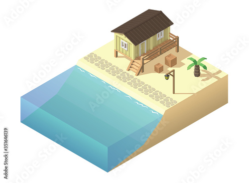 Vector isometric beach house. Tropical bungalow illustration.