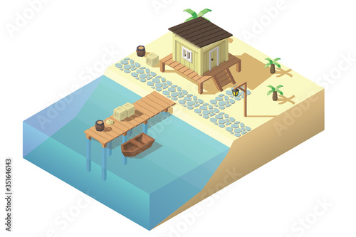 Vector isometric beach house with mole and boat. Tropical bungalow illustration.