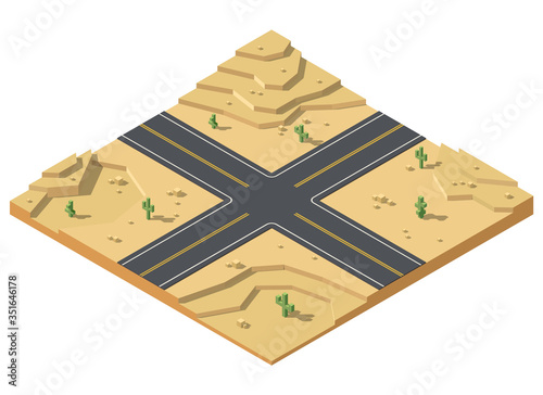 Isometric desert landscape. Crossroad in desert illustration. Game location concept design.