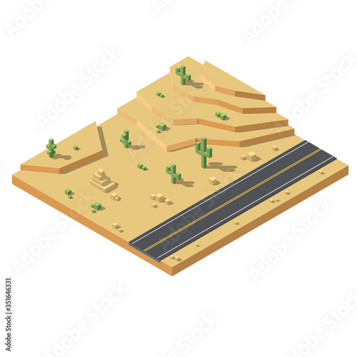 Isometric desert landscape. Road in desert illustration.