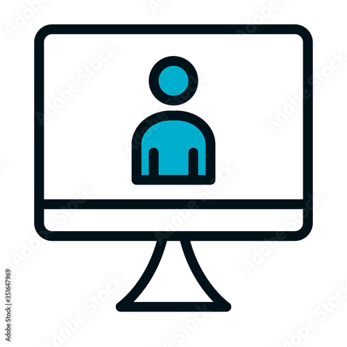 computer with pictogram man on screen icon, half color half line style