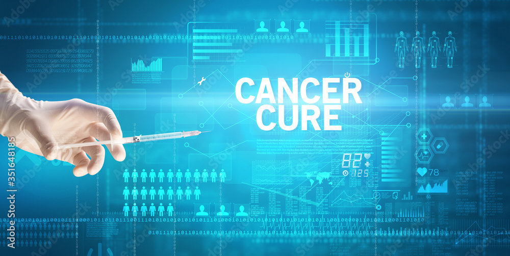 Close-up view of doctor's hand in a white glove holding syringe with CANCER CURE inscription, healthcare and medical concept Close-up view of doctor's hand in a white glove holding syringe with CANCER CURE inscription, healthcare and medical concept