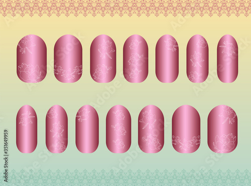 Vector nail stickers, templates, flowers contour, mehendi, pattern. Pink and white stickers. Designer manicure set. Can be used for false nail tips and stickers.