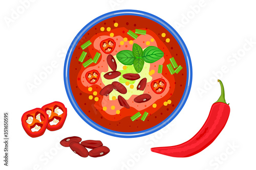 Chilli soup isolated on white background. Spicy meat stew with bean in a bowl. Paprika gazpacho. Mexican food. Creamy soup in plate top view. Hot vegetable soup in plate and pepper slices.Stock vector