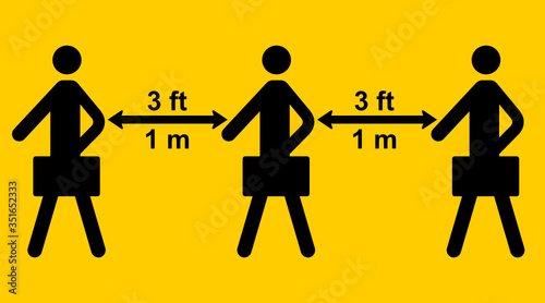 Please keep your distance 3 feet or 1 meter vector sign, staff officer social distancing concept icon