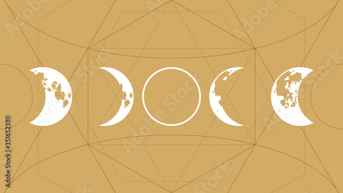 Eclipse of the moon flat image on a golden background with a geometric pattern. Astrology.