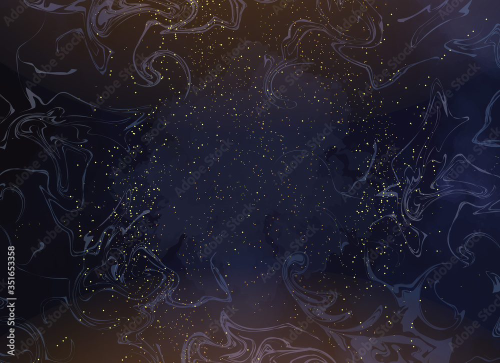 Magic night dark blue sky with sparkling stars. Gold glitter powder splash vector background. Golden scattered dust. Midnight milky way. Navy classic blue color. Christmas winter texture with clouds.