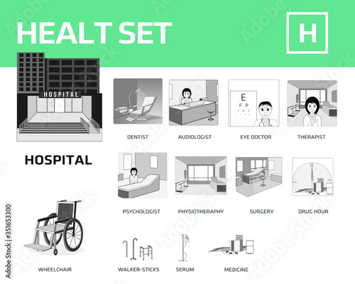 an illustration set of people, places and objects related to health sector