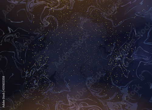 Magic night dark blue sky with sparkling stars. Gold glitter powder splash vector background. Golden scattered dust. Midnight milky way. Navy classic blue color. Christmas winter texture with clouds.