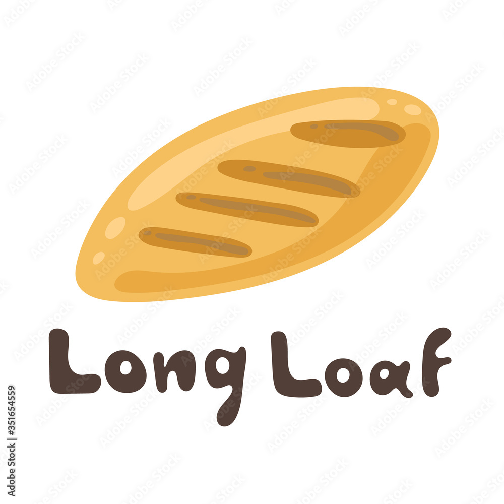 Flour product, long loaf. Loaf of wheat bread. Vector flat design, clipart object. Isolated illustration on white background with text in modern style. Bakery bread icon, doodle style.