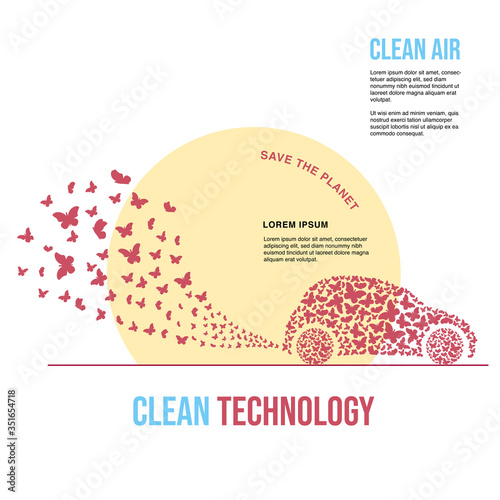 A car in the form of a cloud of butterflies. Exhaust fumes in the form of a cloud of butterflies. Environmental protection concept. Poster