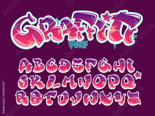 Graffiti style font. Magenta and purple colors vector alphabet