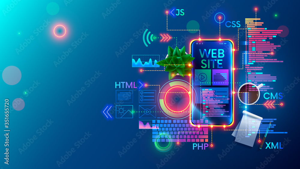 Mobile Website development technology conceptual illustration. Design of internet pages of layout site on screen phone. Programming software of smartphone apps and webpages. Web coding Banner Concept. - obrazy, fototapety, plakaty 