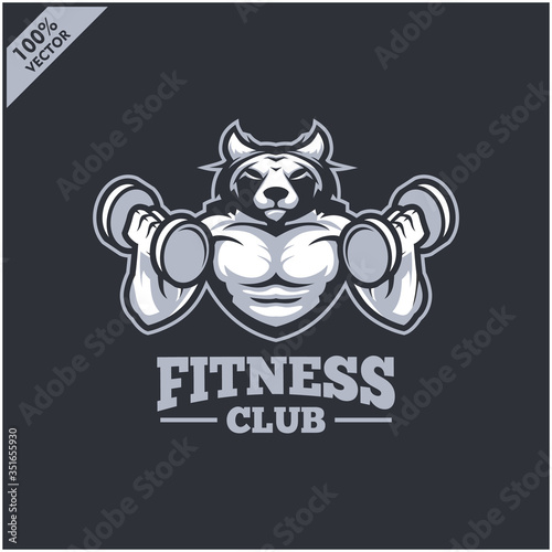 Wolf with strong body, fitness club or gym logo. Design element for company logo, label, emblem, apparel or other merchandise. Scalable and editable Vector illustration