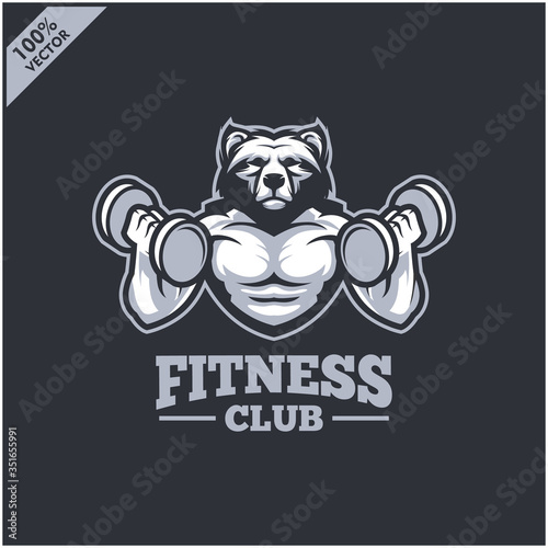 Bear with strong body, fitness club or gym logo. Design element for company logo, label, emblem, apparel or other merchandise. Scalable and editable Vector illustration