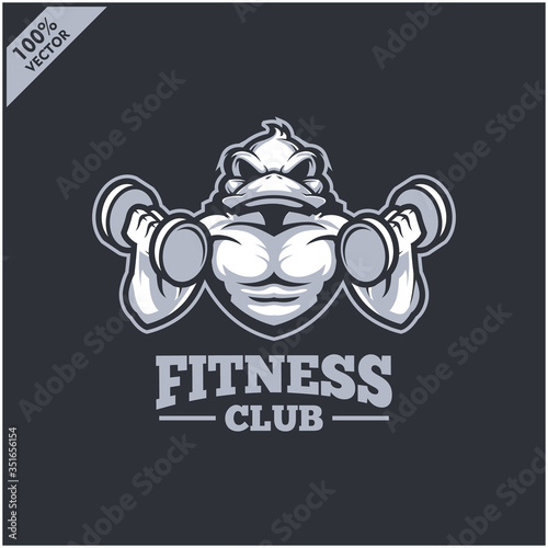 Duck with strong body, fitness club or gym logo. Design element for company logo, label, emblem, apparel or other merchandise. Scalable and editable Vector illustration