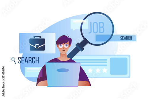 Search job concept with young female candidate, laptop, magnifier, briefcase, abstract profile windows. Recruitment illustration in flat style with professional manager looking for job online