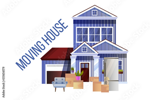 Moving house concept with blue vintage building, furniture, boxes, house plant, refrigerator. Shipping service illustration in flat style isolated on white. Buy new apartment background