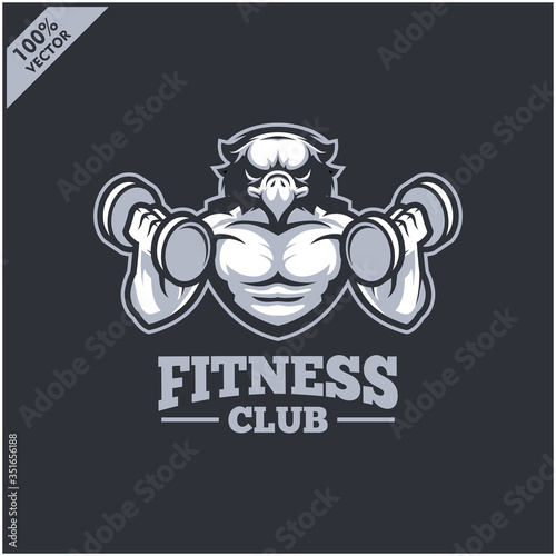 Eagle with strong body, fitness club or gym logo. Design element for company logo, label, emblem, apparel or other merchandise. Scalable and editable Vector illustration