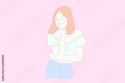 Pretty girl showing one finger.Gesture hand is mean to be quiet vector.