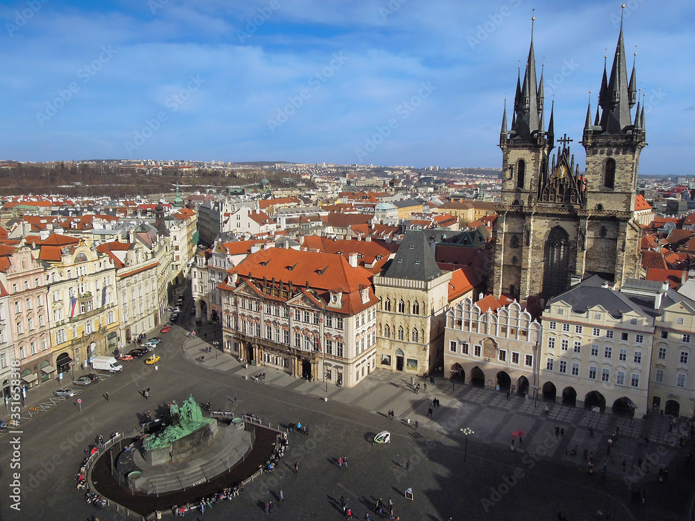Panoramic view on Old Town Square most popular tourist place in of Prague, Czech Republic. It's possible to see Jan Hus Memorial, Kinsky Palace and Church of Our Lady before Tyn.