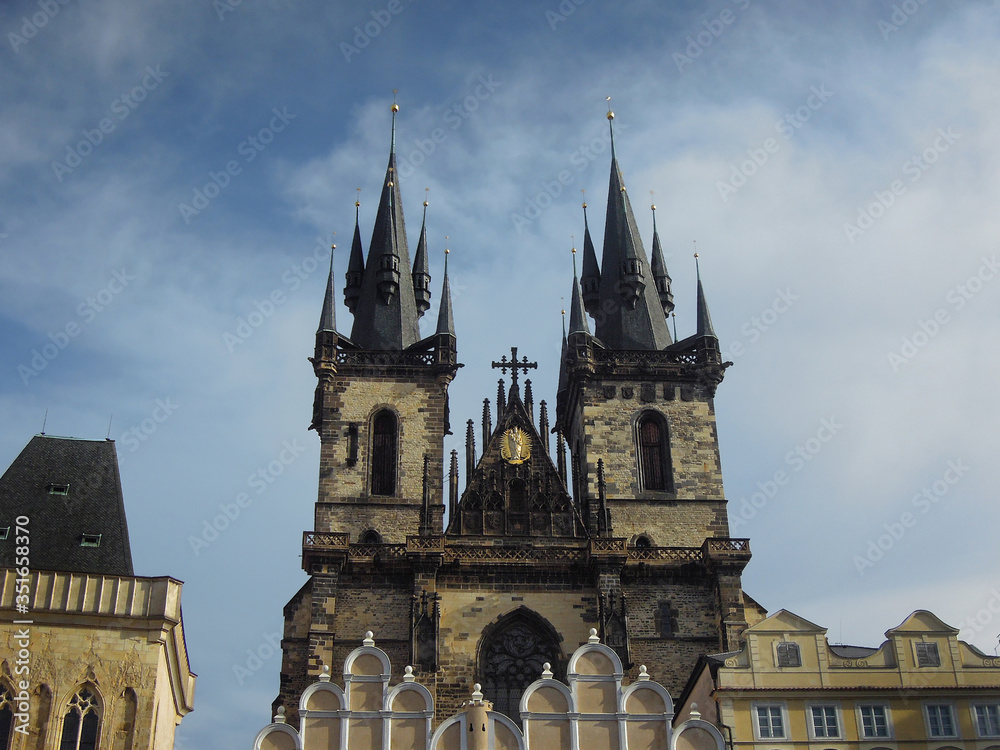 Two towers of Church of Our Lady before Tyn, dominant building on Old Town Square in Prague, Czech Republic. Towers are more than 240 feet high. Church is one of tourist attractions in Old Town