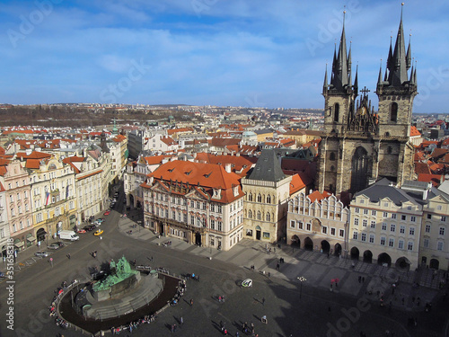 Panoramic view on Old Town Square most popular tourist place in of Prague, Czech Republic. It's possible to see Jan Hus Memorial, Kinsky Palace and Church of Our Lady before Tyn.