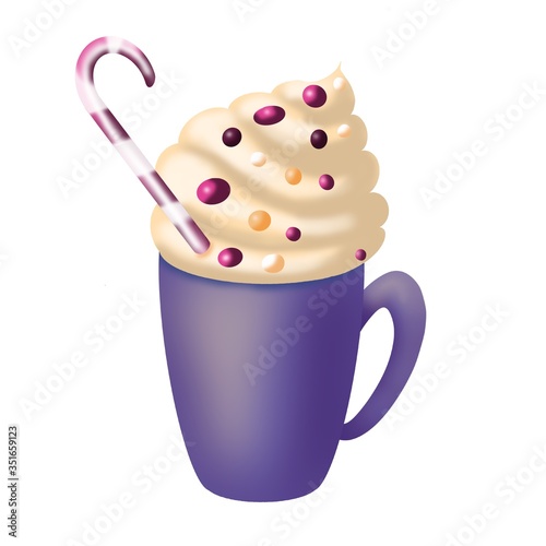 sweet drink in blue mug with pink froth  caramel. New Year  Merry Christmas