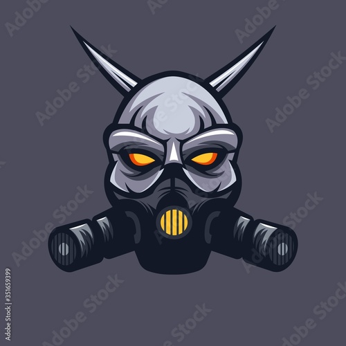 Devil with mask athletic club vector logo concept isolated on dark background for badge, emblem and t shirt printing. Modern sport team mascot badge design. 