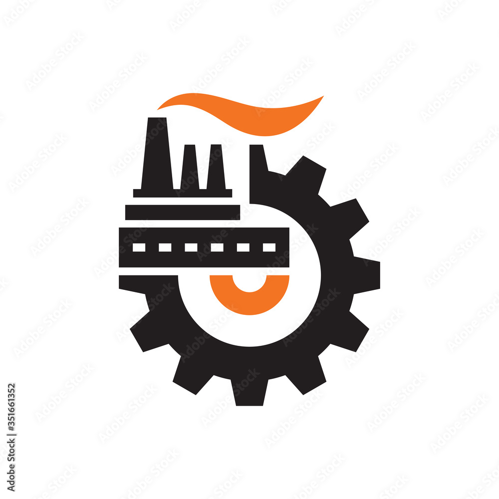 Naklejka premium Factory plant with gear logo vector design. Industry concept icon logo sign. Graphic design element. Vector illustration.