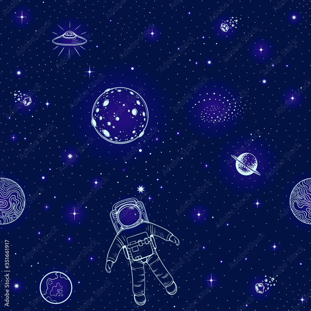Vector Blue Space Stars Seamless Pattern