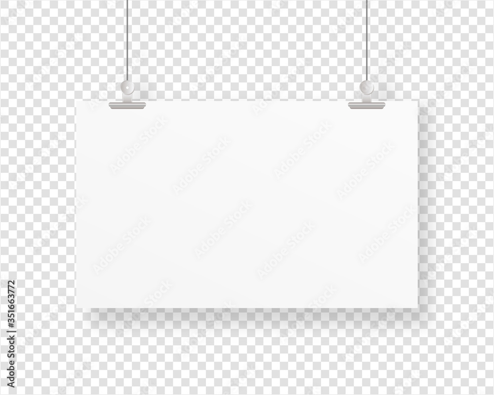 Empty paper frame mockup hanging with paper clip. Blank poster template. Mockup vector isolated. Template design. Realistic vector illustration. Empty paper frame mockup hanging with paper clip. Blank poster template. Mockup vector isolated. Template design. Realistic vector illustration.