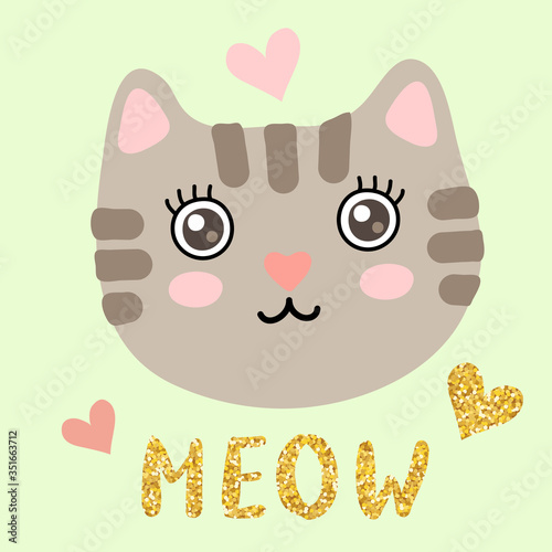 Cute funny kitty face with a golden glitter lettering inscription 'meow'. Scandinavian style flat design, vector illustration for children's print, poster or card